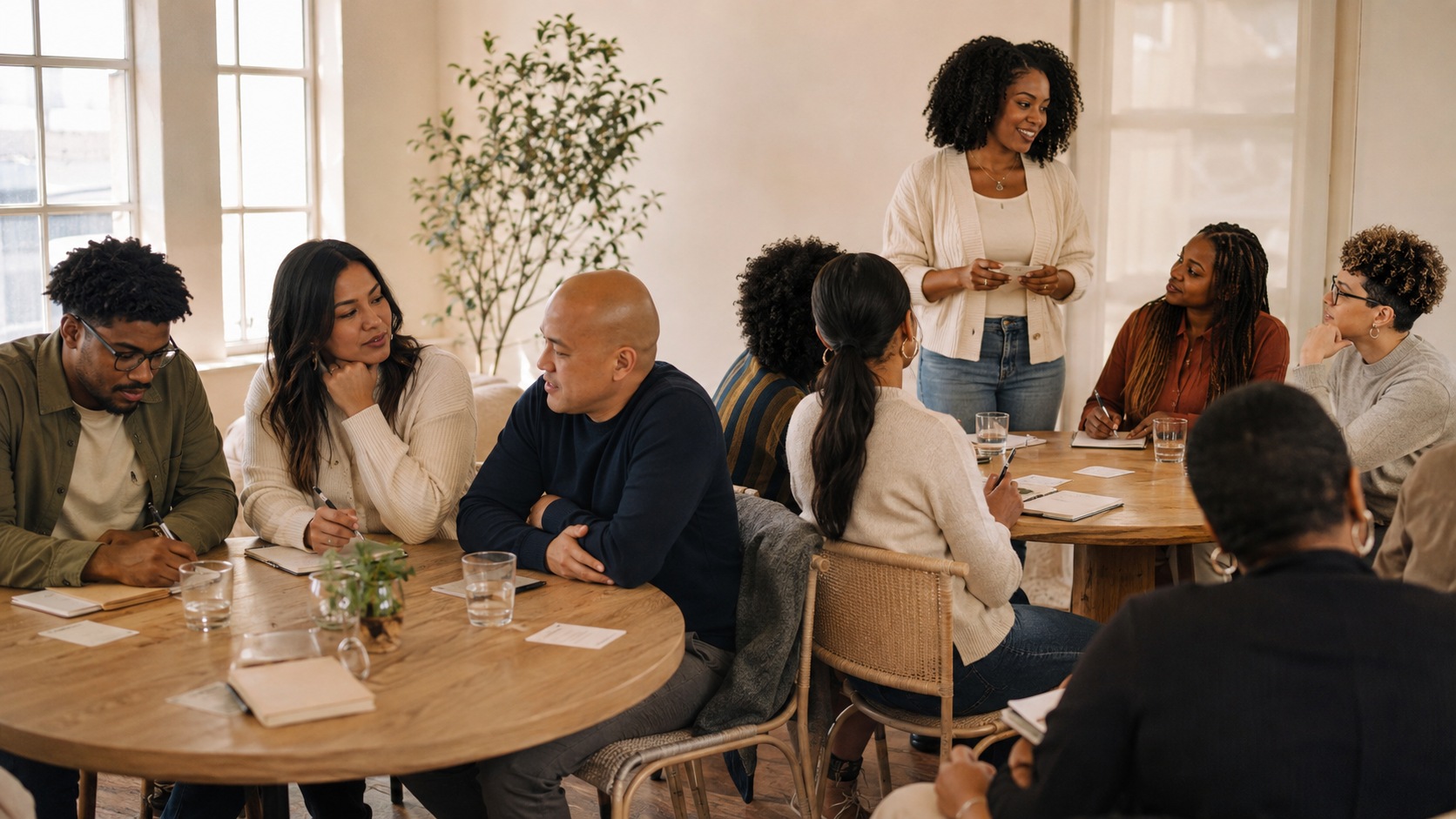 AI-generated concept of professionals connecting during a naturally lit workplace wellness workshop.