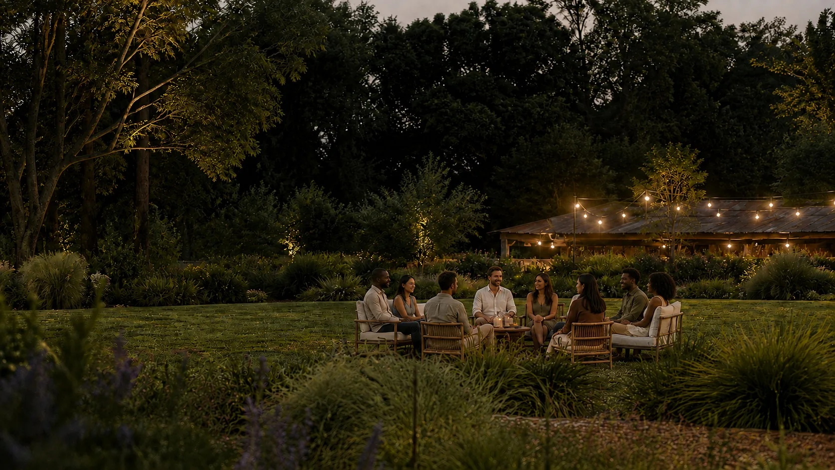 AI-generated concept of a culturally diverse group of men and women sharing conversation in a lush retreat garden beneath warm string lights.