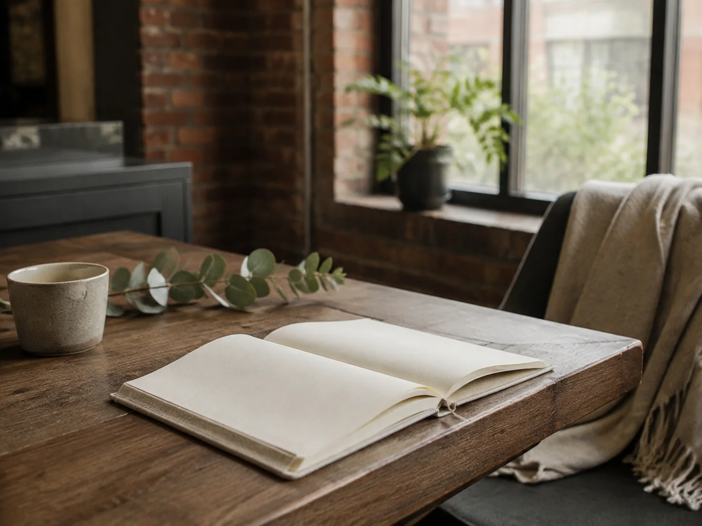 A linen journal, ceramic cup, and eucalyptus on a warm wood table in a softly lit workplace.