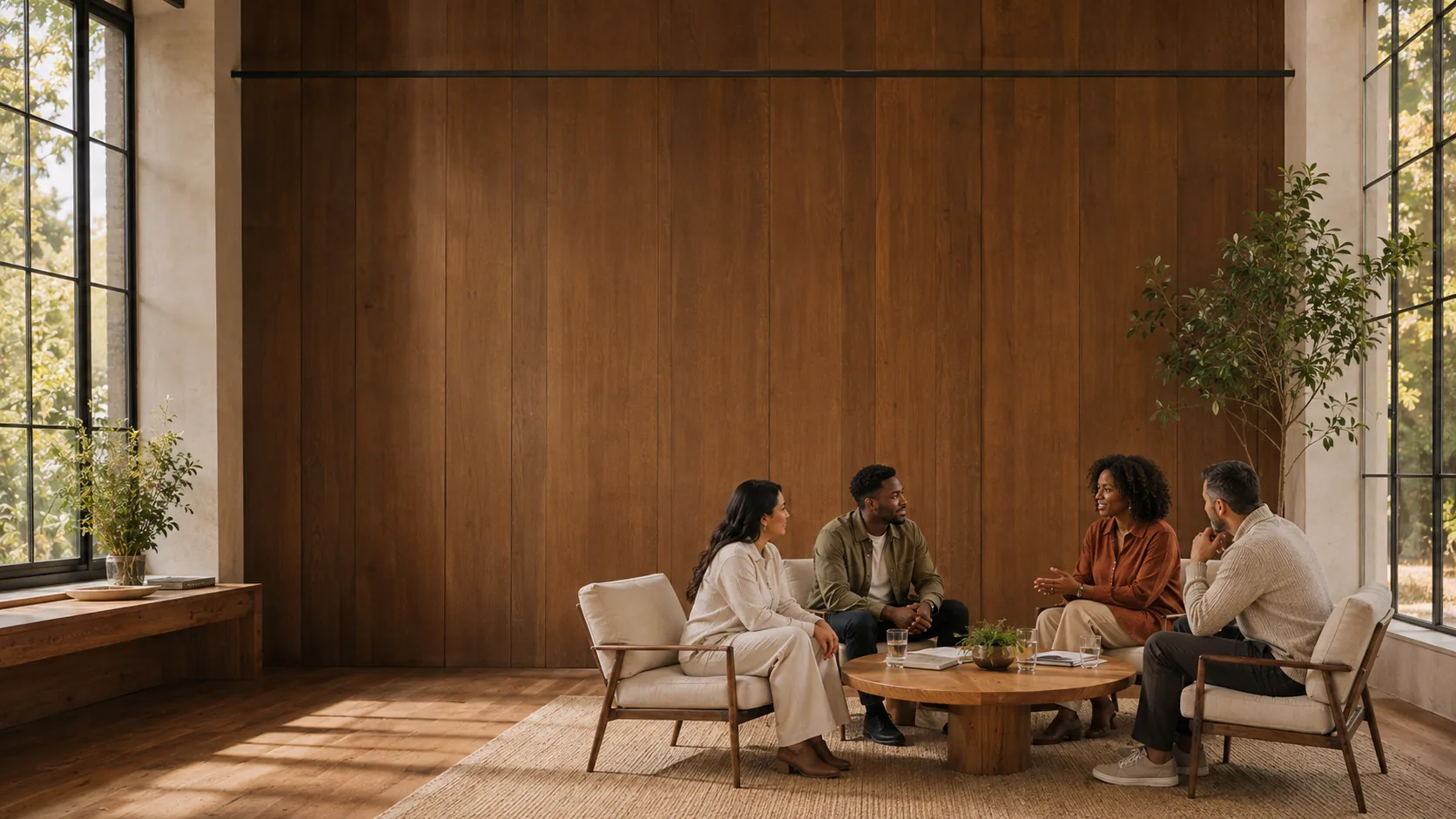 AI-generated concept of four diverse colleagues having a calm workplace wellness conversation in a warm wood-paneled room.